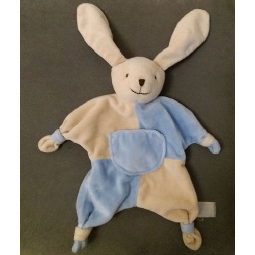 Doudou Plat Lapin Bleu Beige Poche Cmp