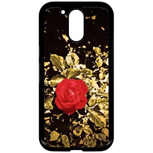 Coque Pour Smartphone - Rose Et Feuille D'or - Compatible Avec Motorola Moto G4 - Plastique - Bord Noir
