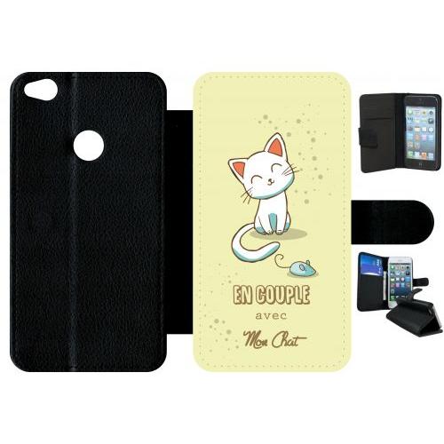 Etui A Rabat - En Couple Avec Mon Chat Fond Jaune - Compatible Avec Huawei P8 Lite (2017) - Plastique - Bord Noir