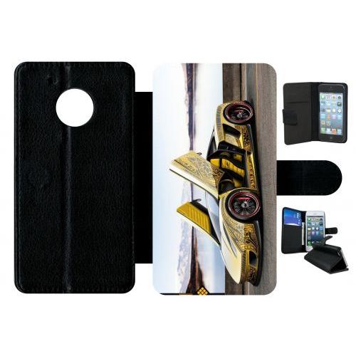 Etui A Rabat - Tuning Voiture Jaune - Compatible Avec Motorola Moto G5 - Plastique - Bord Noir