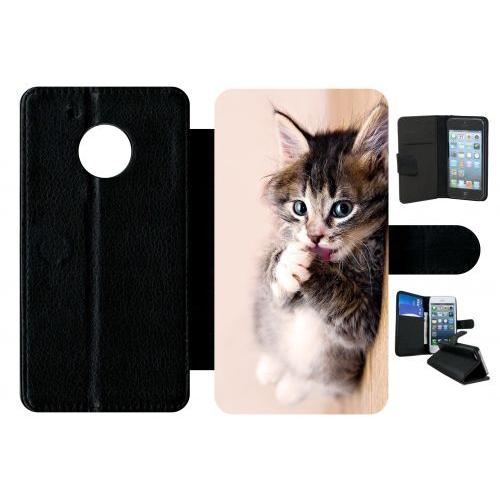 Etui A Rabat - Chaton Tout Mignon - Compatible Avec Motorola Moto G5 - Plastique - Bord Noir