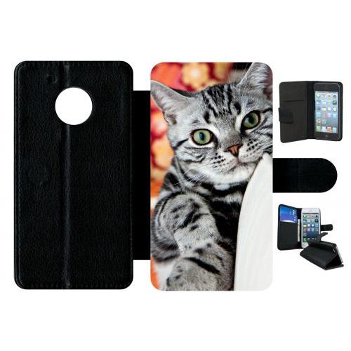 Etui A Rabat - Chat Tigré Gris Yeux Vert - Compatible Avec Motorola Moto G5 - Plastique - Bord Noir