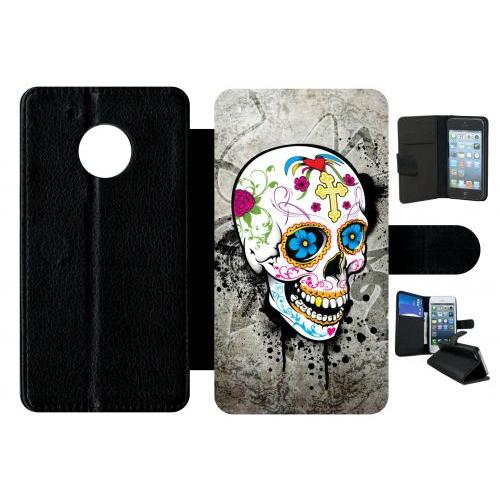 Etui A Rabat - Skull Fleur Bleu Fond Gris - Compatible Avec Motorola Moto G5 - Plastique - Bord Noir