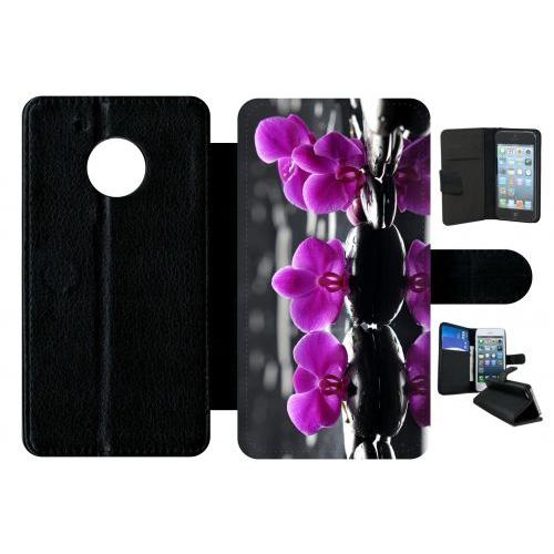 Etui A Rabat - Orchide Violette Fond Gris - Compatible Avec Motorola Moto G5 - Plastique - Bord Noir