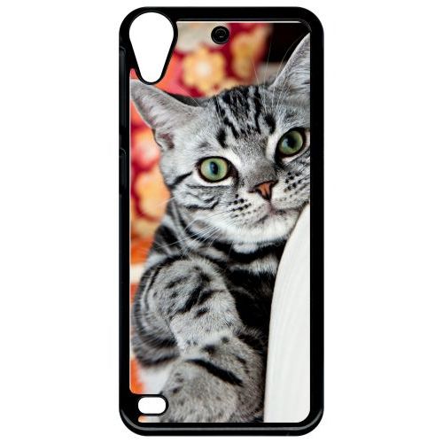 Coque Pour Smartphone - Chat Tigré Gris Yeux Vert - Compatible Avec Htc Desire 530 - Plastique - Bord Noir