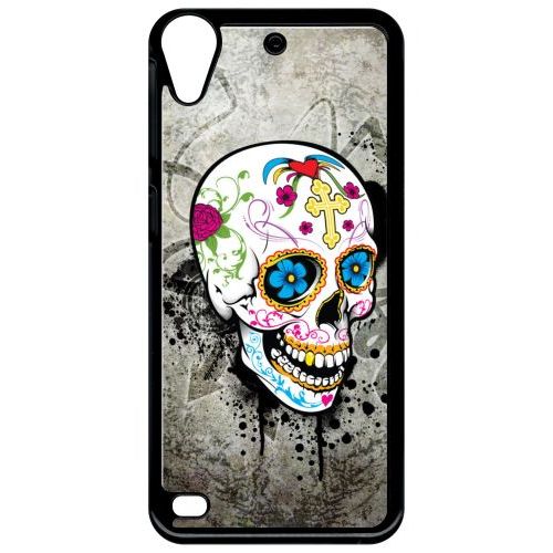 Coque Pour Smartphone - Skull Fleur Bleu Fond Gris - Compatible Avec Htc Desire 530 - Plastique - Bord Noir