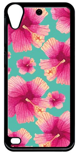 Coque Pour Smartphone - Hibiscus Fond Turquoise - Compatible Avec Htc Desire 530 - Plastique - Bord Noir