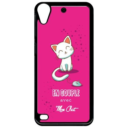 Coque Pour Smartphone - En Couple Avec Mon Chat Fond Rose - Compatible Avec Htc Desire 530 - Plastique - Bord Noir