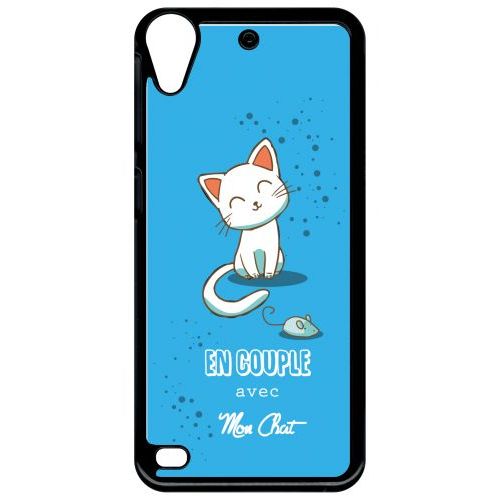 Coque Pour Smartphone - En Couple Avec Mon Chat Fond Bleu - Compatible Avec Htc Desire 530 - Plastique - Bord Noir