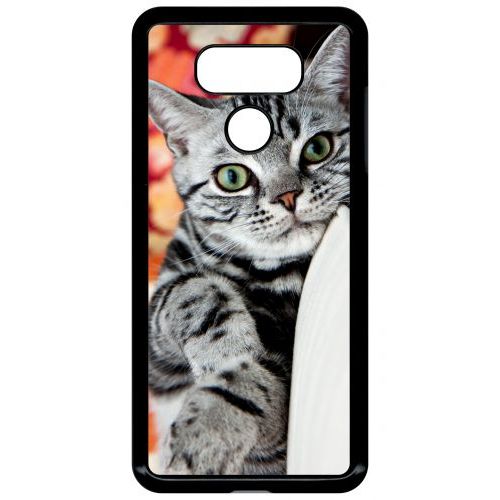 Coque Pour Smartphone - Chat Tigré Gris Yeux Vert - Compatible Avec Lg G6 - Plastique - Bord Noir