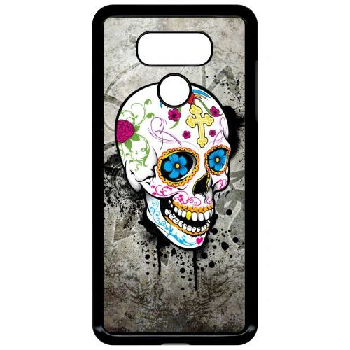 Coque Pour Smartphone - Skull Fleur Bleu Fond Gris - Compatible Avec Lg G6 - Plastique - Bord Noir