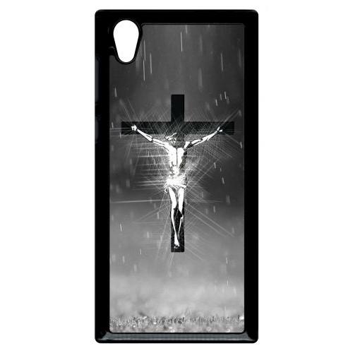 Coque Pour Smartphone - Jésus Croix Noir Et Blanc - Compatible Avec Sony Xperia L1 - Plastique - Bord Noir