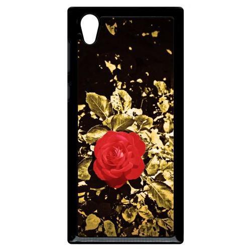 Coque Pour Smartphone - Rose Et Feuille D'or - Compatible Avec Sony Xperia L1 - Plastique - Bord Noir