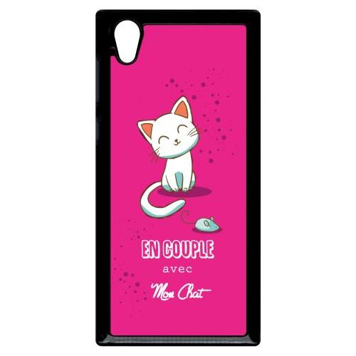 Coque Pour Smartphone - En Couple Avec Mon Chat Fond Rose - Compatible Avec Sony Xperia L1 - Plastique - Bord Noir