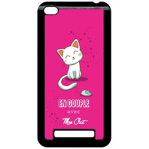 Coque Pour Smartphone - En Couple Avec Mon Chat Fond Rose - Compatible Avec Xiaomi Redmi 4a - Plastique - Bord Noir