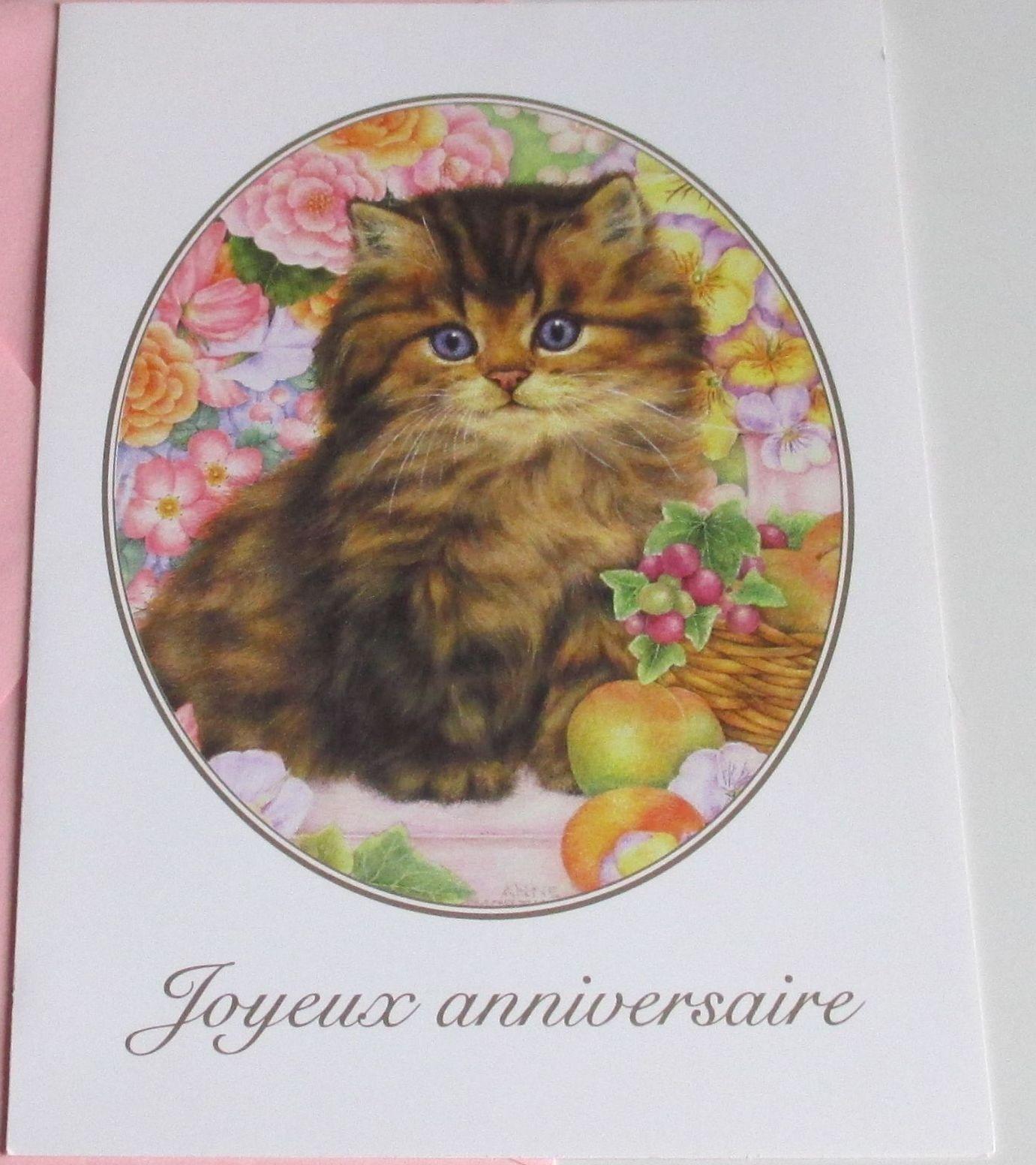 Carte Double Joyeux Anniversaire Avec Un Adorable Chaton Tigre Sur Un Fond Festif De Fleurettes Et Fruits Phrase De Souhaits A L Interieur 12 5x17cm Editee Par Ifaw Avec Enveloppe Rose Rakuten