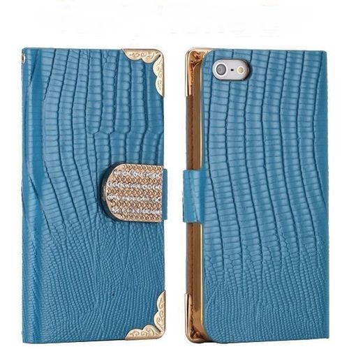 Etui A Rabat Iphone 5c Bleu Turquoise Bling Gold Cuir Simili (Pu)