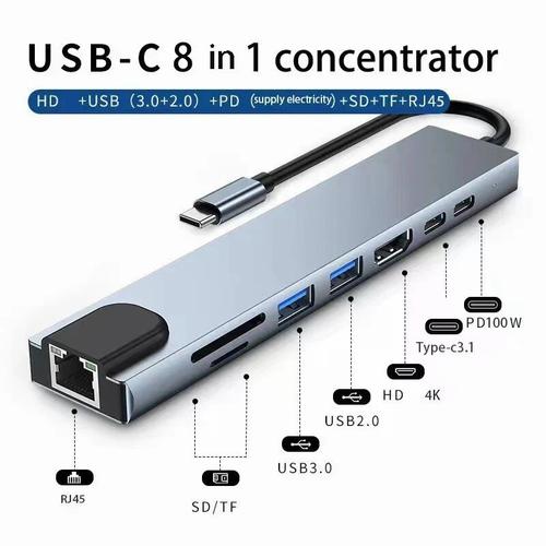 Adaptateur USB 8 en 1 Type C 3 1 à 4K HdTV, airies avec Lecteur de Carte SD Tf Rj45, Charge Rapide PD pour Ordinateur Portable Macbook