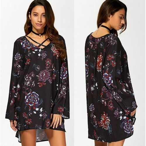 Tunique V Imprimé Noir &amp Fleuri - T 42/Xl