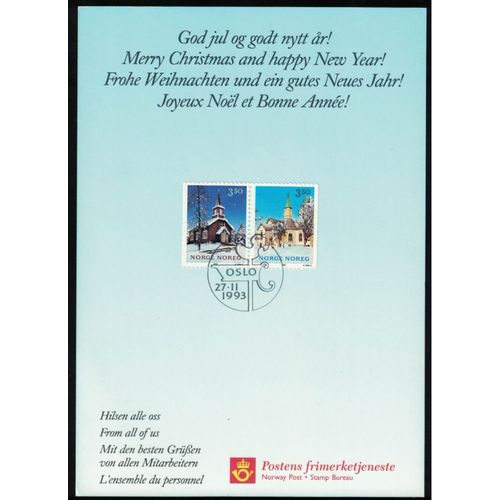 Norvège Fdc Oblitération Premier Jour 1993 Lot 2 Série Noël Églises Paysages Enneigés