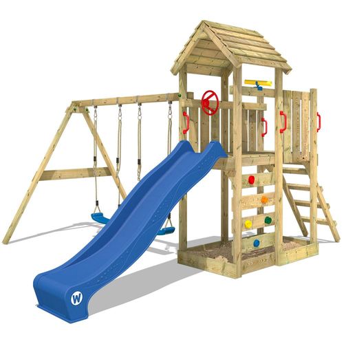 Wickey Aire De Jeux Portique Bois Multiflyer Toit En Bois Avec Balançoire Et Toboggan Bleu Maison Enfant Exterieur