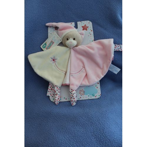 Doudou Plat Rond Chat Gipsy Rose Et Beige Noeuds Pois Brodé Fleur 25cm