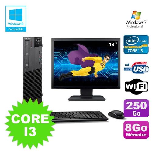 Lot PC Lenovo M91p 7005 SFF Core I3 8Go 250Go Wifi Graveur W7 Pro Ecran 19