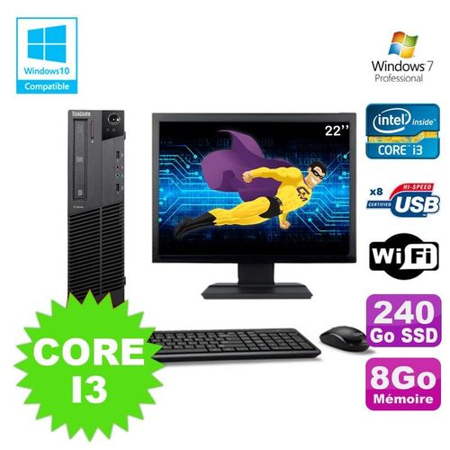 Lot PC Lenovo M91p 7005 SFF Core I3 8Go 240Go SSD Wifi Graveur W7 Pro Ecran 22