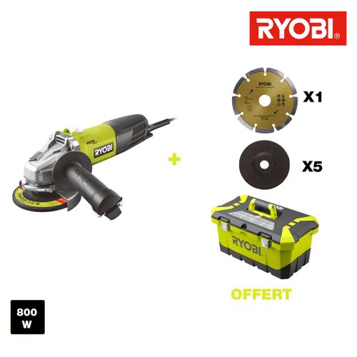 Meuleuse d'angle RYOBI 800W 125mm - 1 disque diamant - 5 disques à ébarber - Toolbox RAG800-125TA6