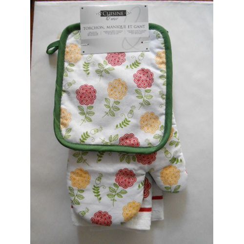 Gant De Cuisine, Manique Et Torchon À Fleurs Couleurs Rouge, Jaune Et Vert