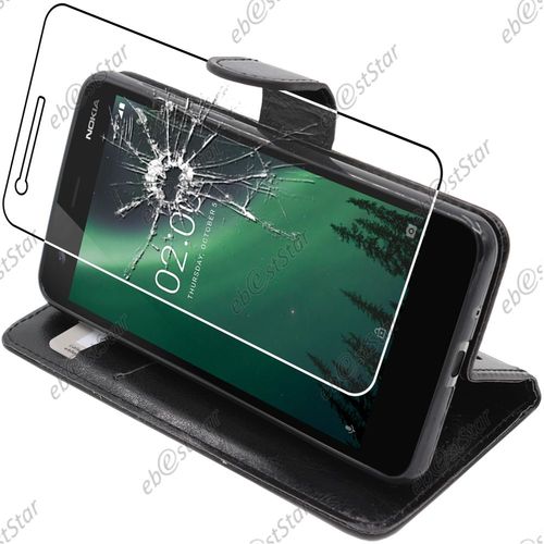 Ebeststar ® Pour Nokia Nokia 2 - Housse Coque Etui Portefeuille Support Folio Simi Cuir + Film Protection Écran En Verre Trempé, Couleur Noir [Dimensions Precises De Votre Appareil : 143.5 X 71.3 X 9.3 Mm, Écran 5'']