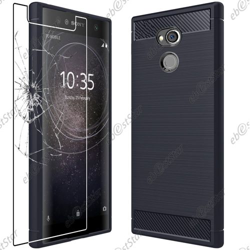 Ebeststar ® Pour Sony Xperia Xa2 Ultra, Xa2 Ultra Dual (2018) - Coque Motif Fibre Carbone Luxe 2 Barres Horizontales Etui Housse Silicone Gel Coussins D'Air + Film En Verre Trempé, Couleur Bleu Foncé