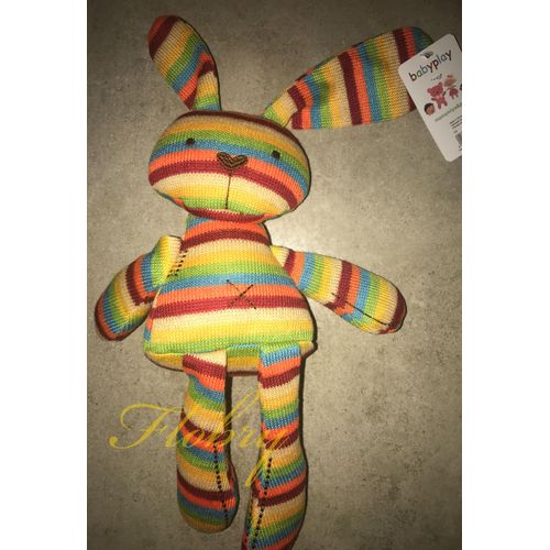 Doudou Lapin Babyplay Mamamiya&Papas Baby Play Tricot Laine Multicolore Rouge Bleu Jaune Vert Mamas Papas