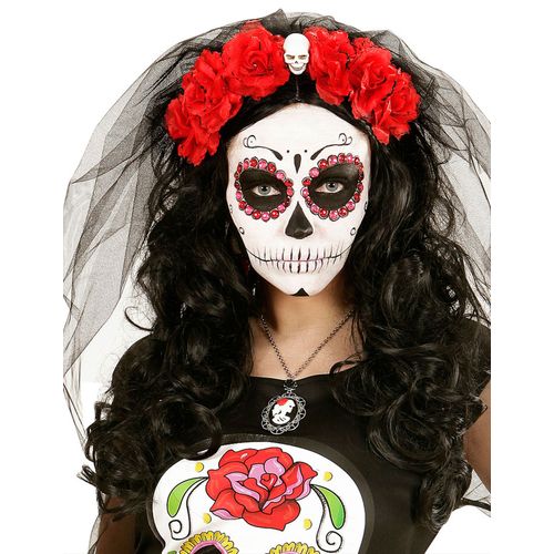 Coiffe Fleurs Rouges Avec Tête De Mort Femme Dia De Los Muertos Taille Unique