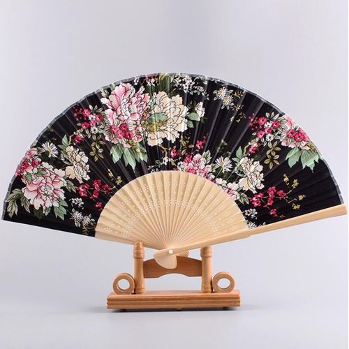 Eventail Japonais Nippon Ancien Traditionnel Bambou Tissu Rose Dessin Imprimé Fleuris Fleurs Accessoire Déguisement Cosplay Soirée Cadeau Collection Maison Décoration