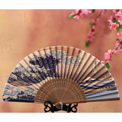 Eventail Japonais Traditionnel Bambou Vague Bleue Peintre Hokusai Déguisement Cosplay Soirée Cadeau Collection Décoration