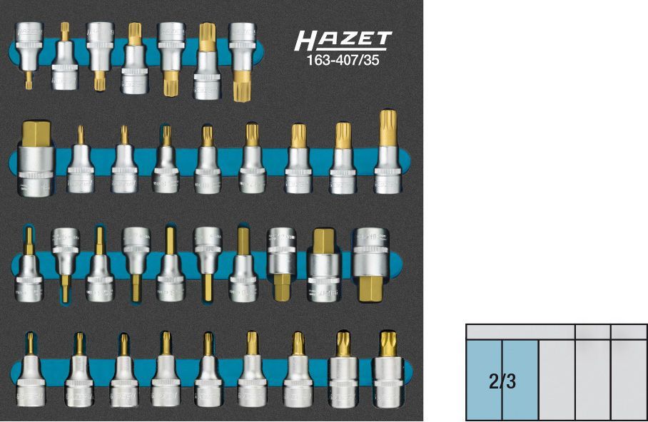 Hazet Jeu de douilles mâles - Carré creux 12,5 mm (1/2 pouce) - Profil à 6 pans intérieurs, Profil denture multiple intérieur XZN, Empreinte à crénaux Ribe CV, Profil TORX intérieur - Nombre d'outils: 35