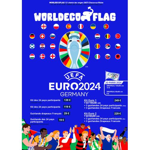 kit 24 Drapeaux EURO 2024 60x90 cms + 3 guirlandes 24 pays 8 mètres + 3 guirlandes bleu blanc rouge 10 mètres