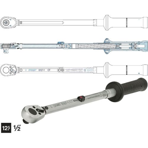 Hazet Clé dynamométrique selon la NORME AMÉRICAINE - Tolérance: 3% - Carré massif 12,5 mm (1/2 pouce) - Longueur totale: 660 mm - Nm min.-max.: 67.8 - 339 - lbf min.-max.: 50 - 250 - 6128-1CT