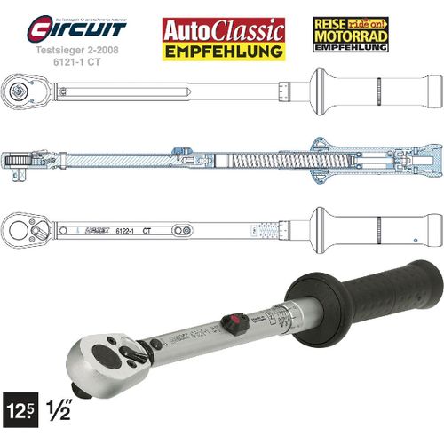 Hazet Clé dynamométrique - Tolérance: 2% - Carré massif 12,5 mm (1/2 pouce) - Longueur totale: 543 mm - Nm min.-max.: 40 - 200 - 6122-1CT