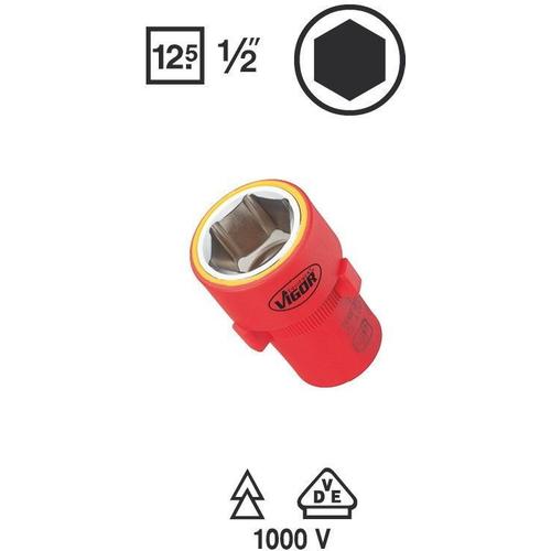 Vigor Carré femelle entraînement 12,5 = 1/2 pouce Douille VDE pour profil à 6 pans extérieurs - Carré creux 12,5 mm (1/2 pouce) - Profil à 6 pans extérieurs - Ouverture de clé: 12 - Longueur totale: 55 mm