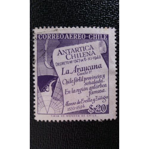 Timbre Chili ( Yt Pa 176 ) 1958 Carte De L'antarctique Et "La Araucana