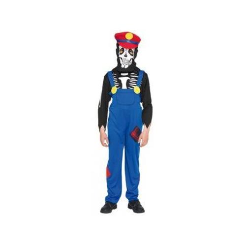 Deguisement Plombier Squelette Mario 10-12 Ans (Salopette + Haut + Cagoule + Casquette) - Costume Enfant - Garcon