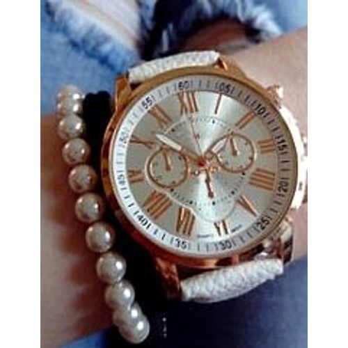 Montre Bijou Faux Chrono Tendance Mode Grand Boitier Couleur Or - Bracelet Simili Cuir Blanc