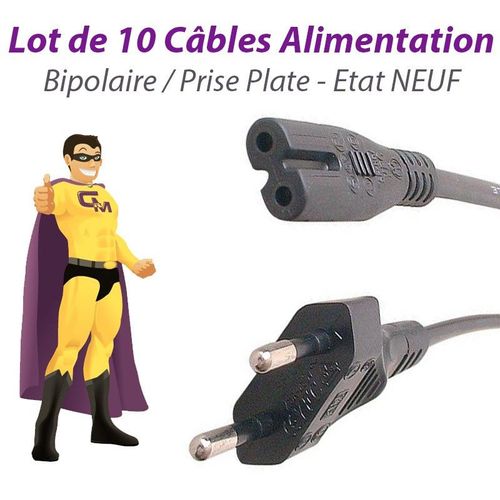 Lot 10 Câbles Alimentation Secteur PC Mac Portable Bipolaire Prise Plate NEUF