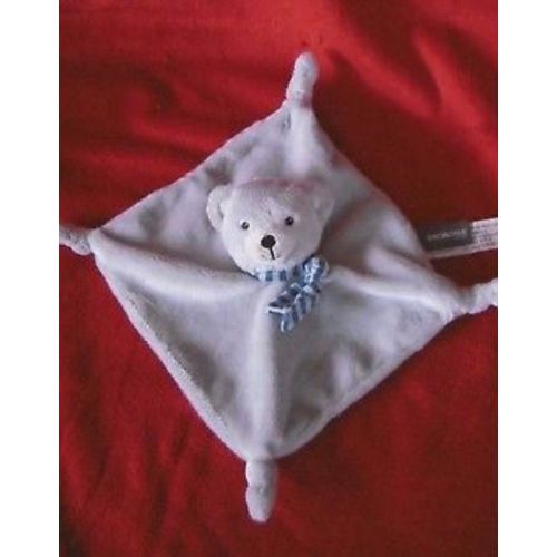 Doudou Ours Plat Gris Echarpe Bleu Raye Blanc Peluche Jouet Bebe Ourson Premaman