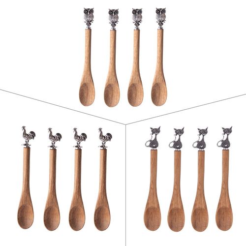Set De 4 Cuillères Acacia Animaux 12.5 Cm (1 Modèle Aléatoire)