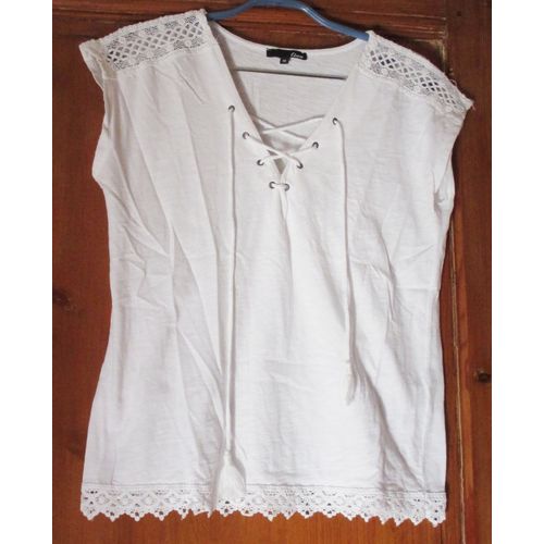 Elégant Tee-Shirt/Top Pour Femme Sans Manches-Encore En V Avec Lacets Croisés À Pompons-Bande De Dentelle Aux Épaules Et Au Bas Du Vêtement - Etam Taille M - 100%Coton