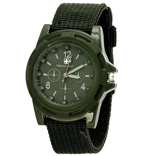 Montre Style Militaire Armée Suisse - Bracelet Toile Vert Kaki - Faux Chronomètre - Homme Enfant Ado