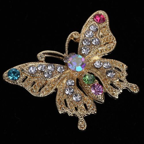 Broche Papillon Strass Cristal Multicolore Monture Or Bijoux